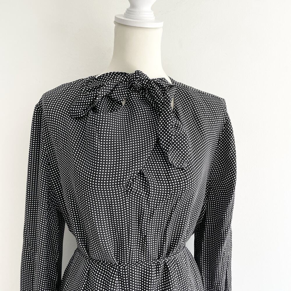 J. Crew scarf neck tie maxi black polka dot chiffon dress XL viscose 9-5325 belt - Picture 3 of 6